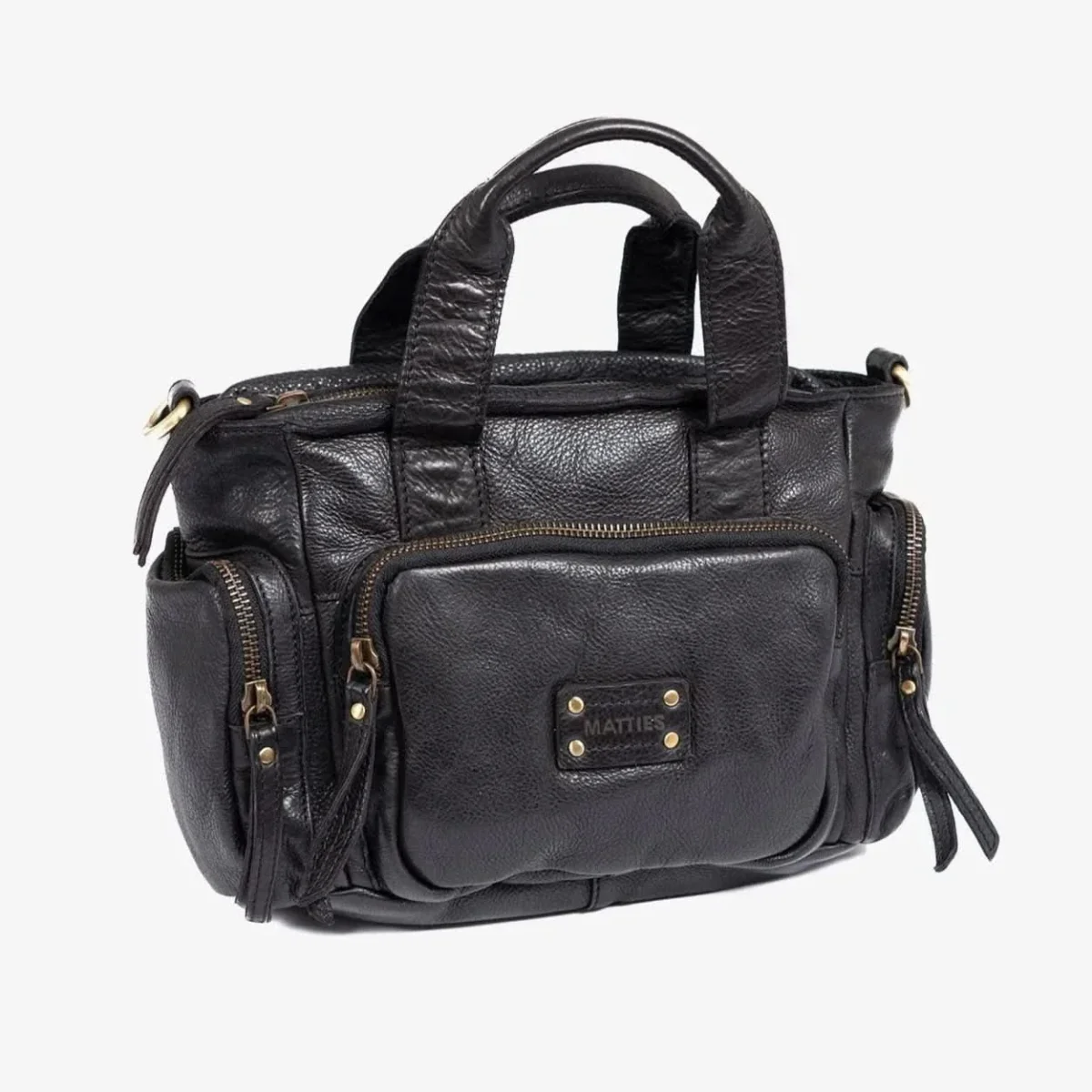 Bolso de Mano con Bandolera multibolsillos Piel Lavada Matties Negro - Imagen 2
