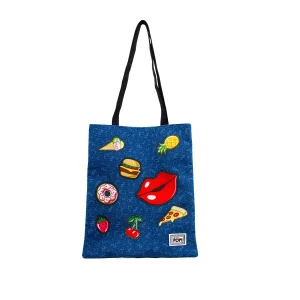 Oh My Pop! Patches-Bolsa de la Compra Tote Shopping Bag, Azul Oscuro