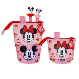 Disney Minnie Mouse Muffin-Estuche Portatodo Cute + 2 Bolígrafos de Gel Borrables, Rosa