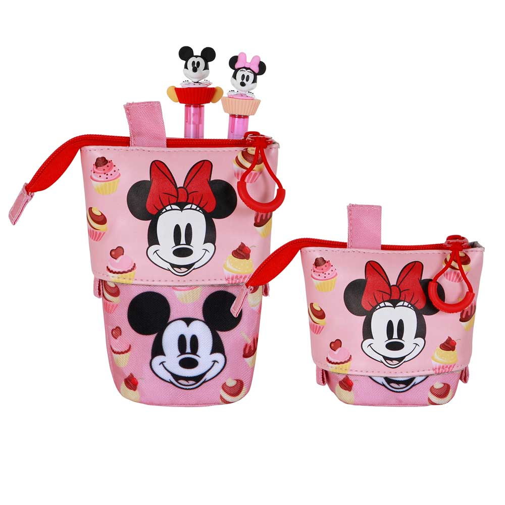 Disney Minnie Mouse Muffin-Estuche Portatodo Cute + 2 Bolígrafos de Gel Borrables, Rosa