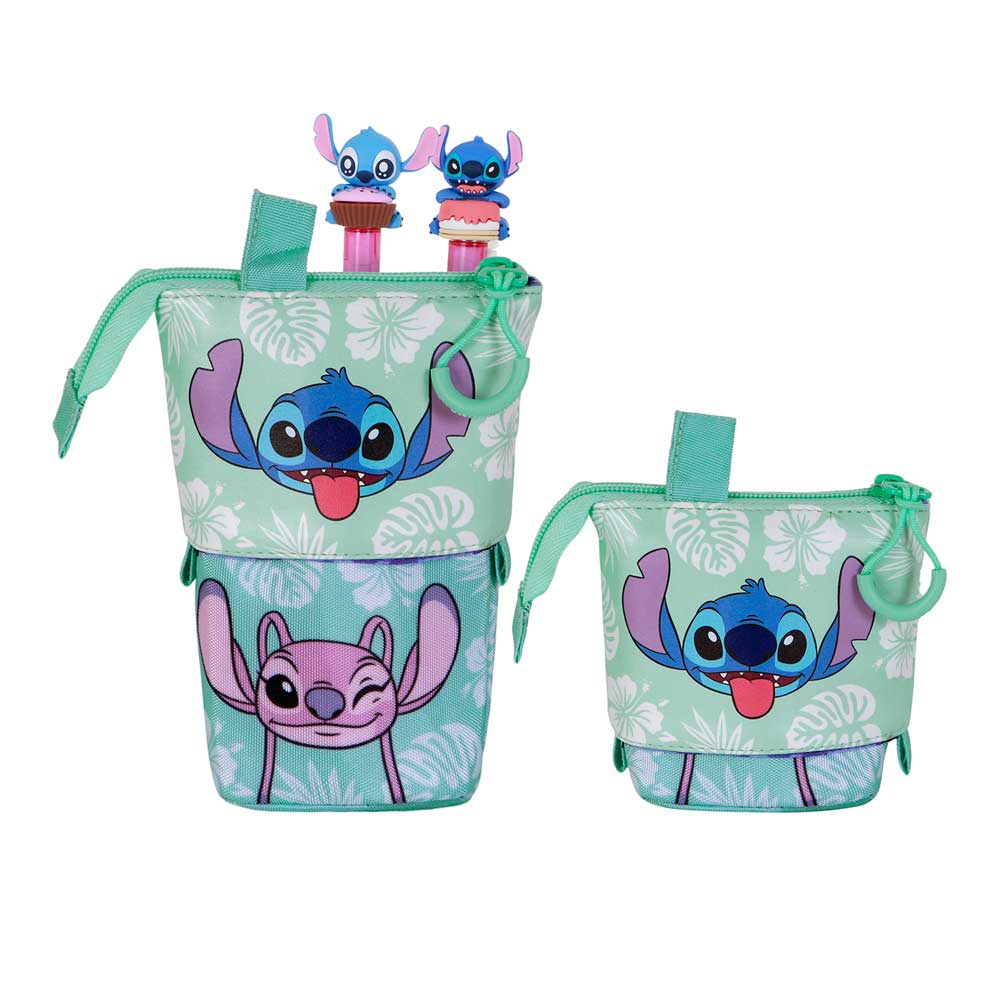 Disney Lilo y Stitch Aloha-Estuche Portatodo Cute + 2 Bolígrafos de Gel Borrables, Azul