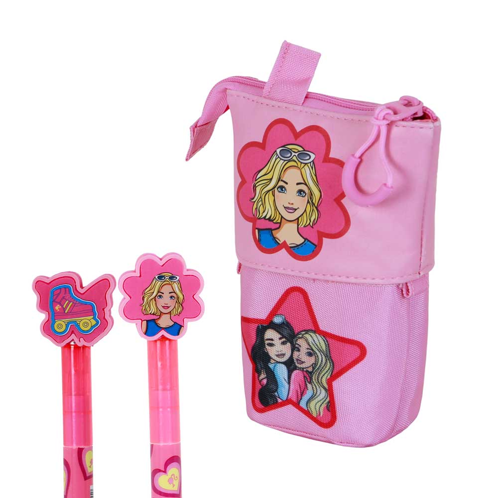 Barbie Flower-Estuche Portatodo Cute + 2 Bolígrafos de Gel Borrables, Rosa - Imagen 3