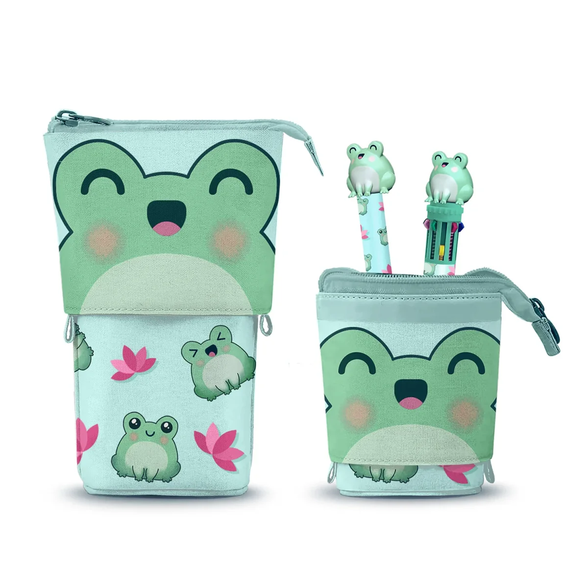 Oh My Pop Froggy-Estuche Portatodo Cute + Bolígrafo de 10 Colores + Bolígrafo de Gel Borrable, Turquesa
