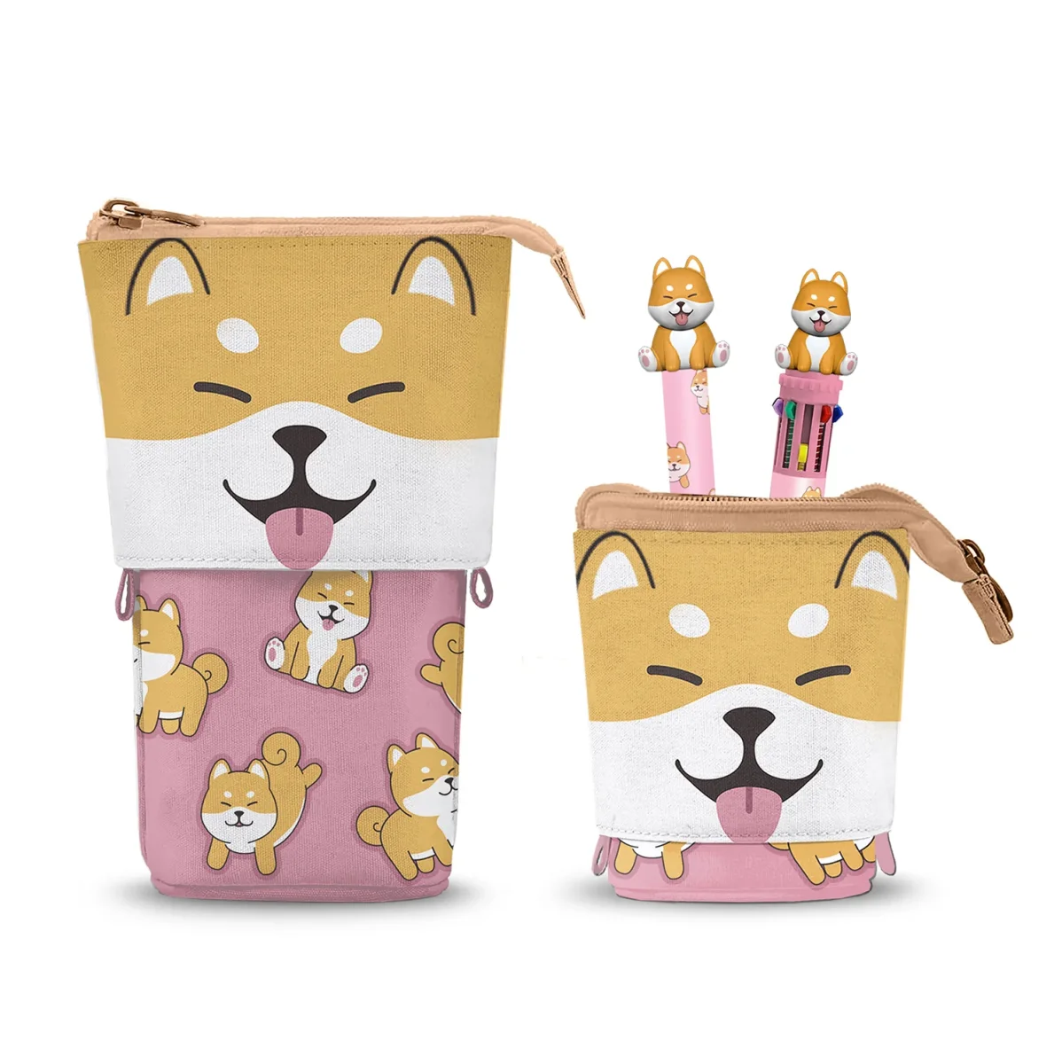 Oh My Pop! Shiba-Estuche Portatodo Cute + Bolígrafo de 10 Colores + Bolígrafo de Gel Borrable, Multicolor