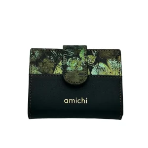 Billetero de Piel Vacuno Monedero Clic Amichi Hojas Verde 11x8,5cm