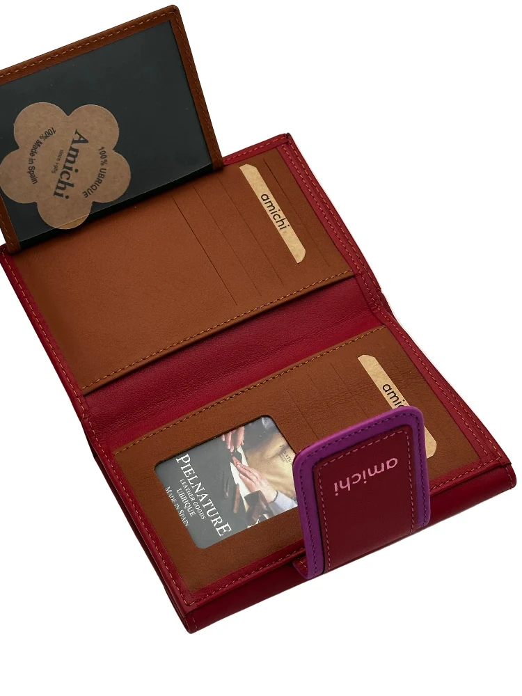 Billetero de Piel Vacuno Monedero clic Amichi Classic Rojo 14,5x10cm - Imagen 3