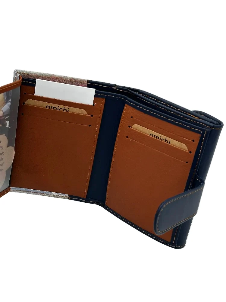 Billetero de Piel Vacuno Monedero Clic Amichi Lienzo Azul 12x9cm - Imagen 5