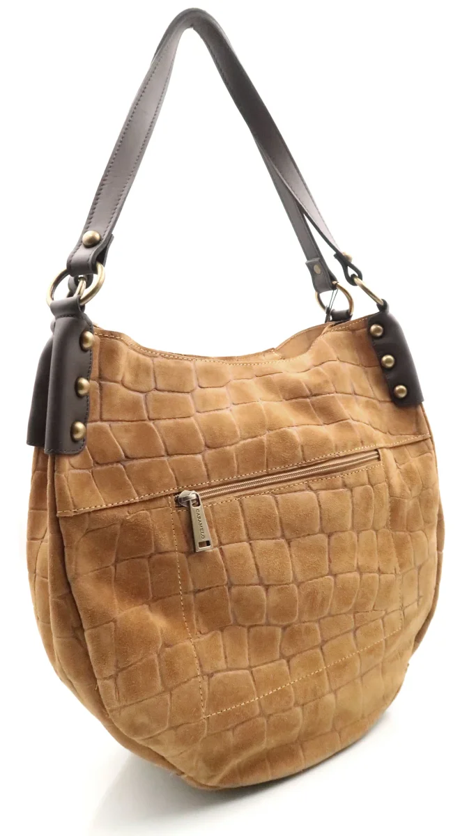 Bolso tipo saco Piel Serraje grabado Coco Caramelo Paola - Imagen 3
