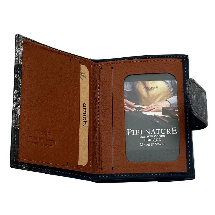 Billetero de Piel Vacuno Monedero Clic Amichi Hojas Azul 11x8,5cm - Imagen 4