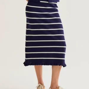 Falda midi de punto con estampado de rayas azul marino y blanco Compañía Fantástica