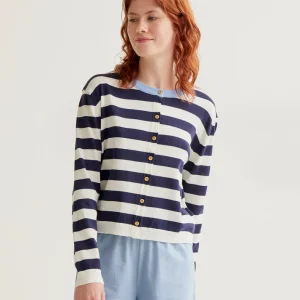 Cárdigan de punto suave con estampado de rayas blanco y azul marino Compañía FantasticaFantástica