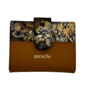 Billetero de Piel Vacuno Monedero Clic Amichi Hojas Mostaza 11x8,5cm