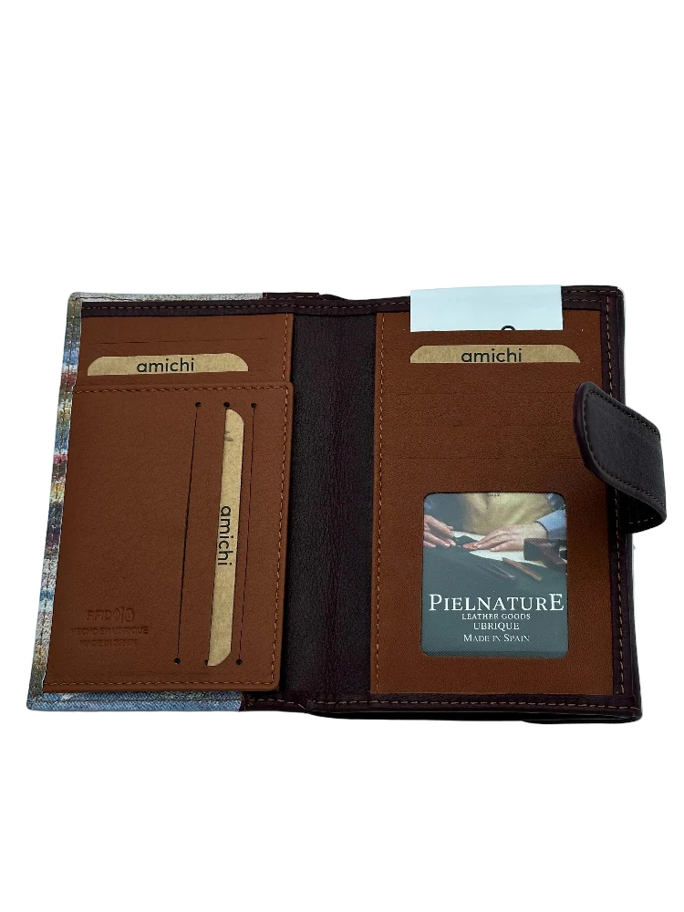 Billetero de Piel Vacuno Monedero Clic Amichi Lienzo Burdeos 14,5x9,5cm - Imagen 4