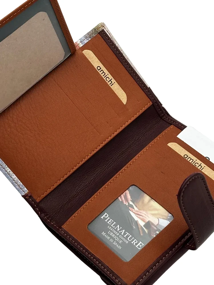 Billetero de Piel Vacuno Monedero Clic Amichi Lienzo Burdeos 14,5x9,5cm - Imagen 5