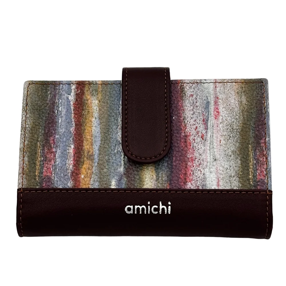 Billetero de Piel Vacuno Monedero Clic Amichi Lienzo Burdeos 14,5x9,5cm - Imagen 2