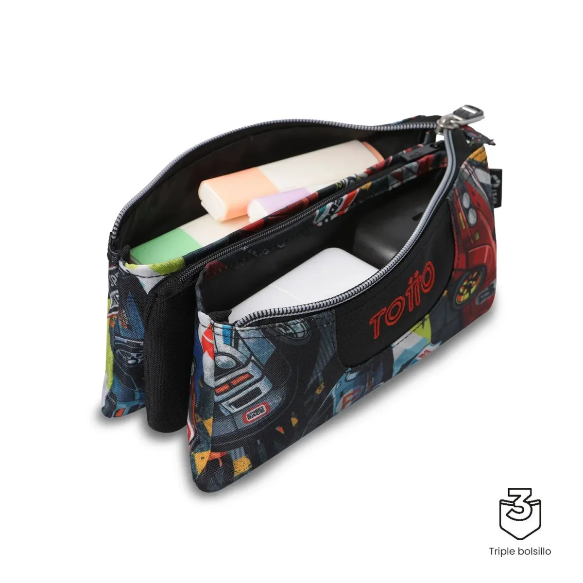 Estuche escolar eco-friendly tres compartimentos Totto Tablero - Rally Red - Imagen 4