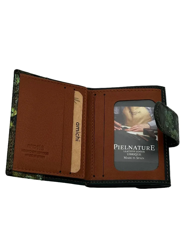 Billetero de Piel Vacuno Monedero Clic Amichi Hojas Verde 11x8,5cm - Imagen 3