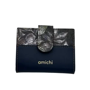 Billetero de Piel Vacuno Monedero Clic Amichi Hojas Azul 11x8,5cm