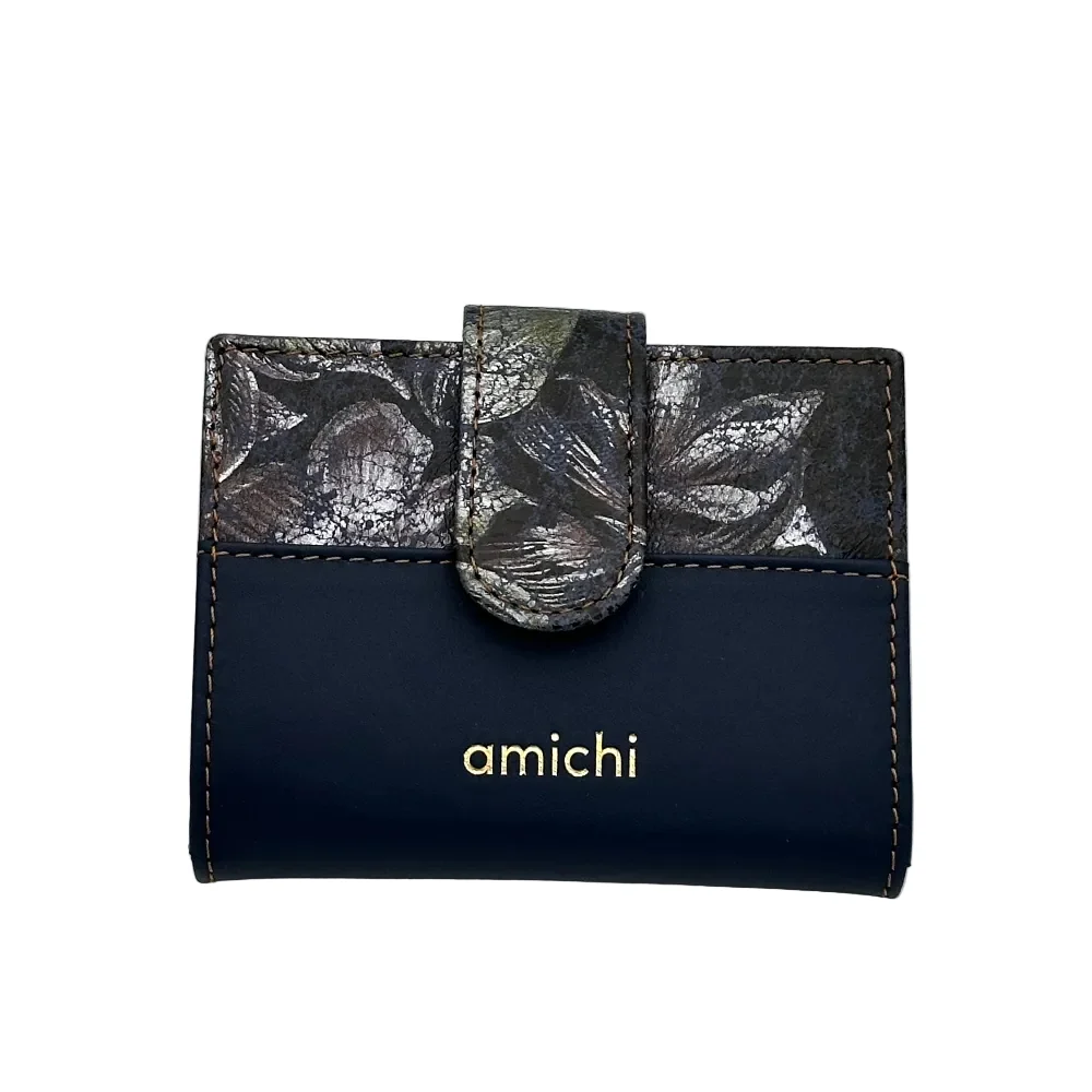 Billetero de Piel Vacuno Monedero Clic Amichi Hojas Azul 11x8,5cm