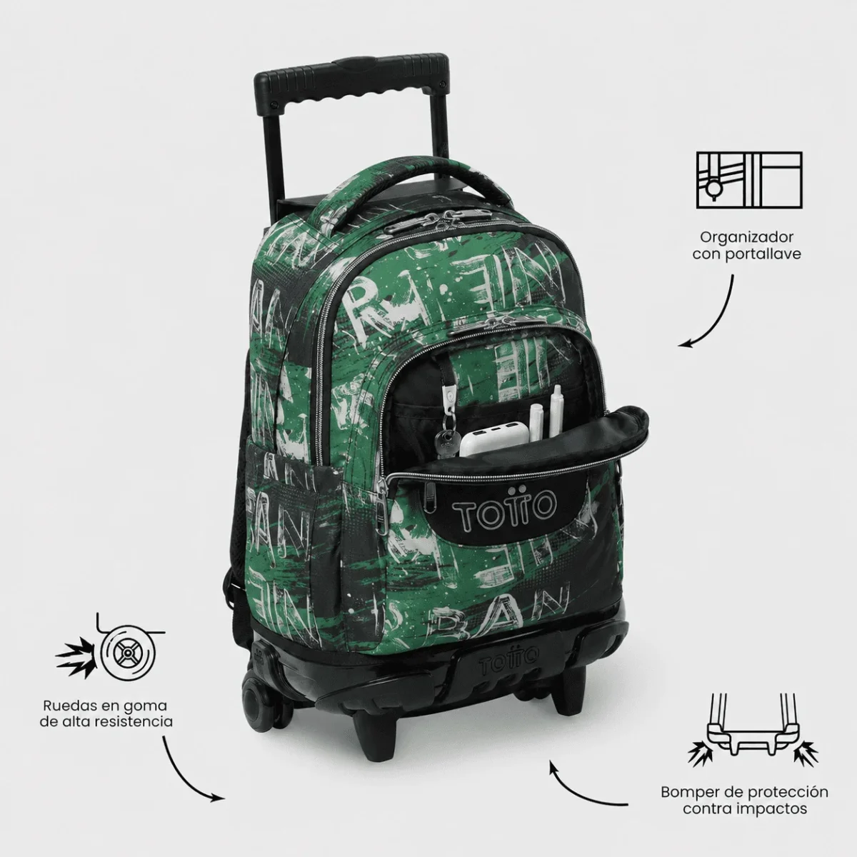 Mochila escolar con ruedas Totto Renglones - Grounge - Imagen 6