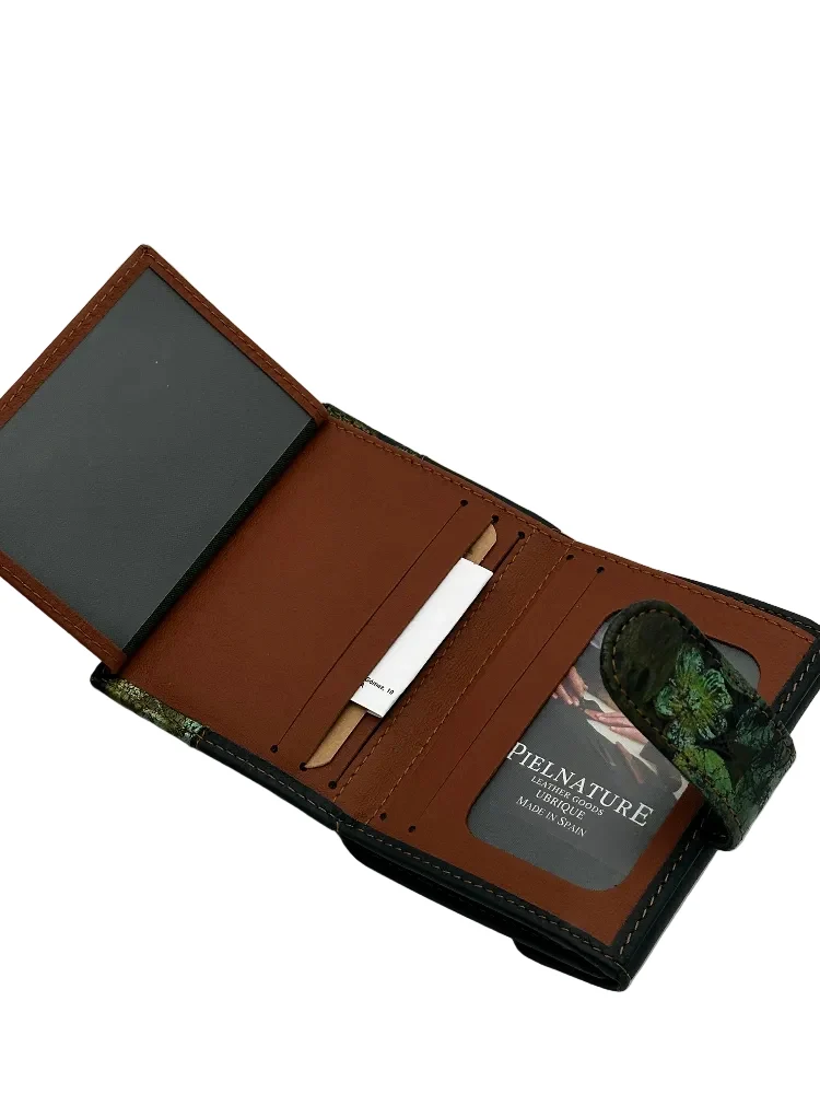 Billetero de Piel Vacuno Monedero Clic Amichi Hojas Verde 11x8,5cm - Imagen 4