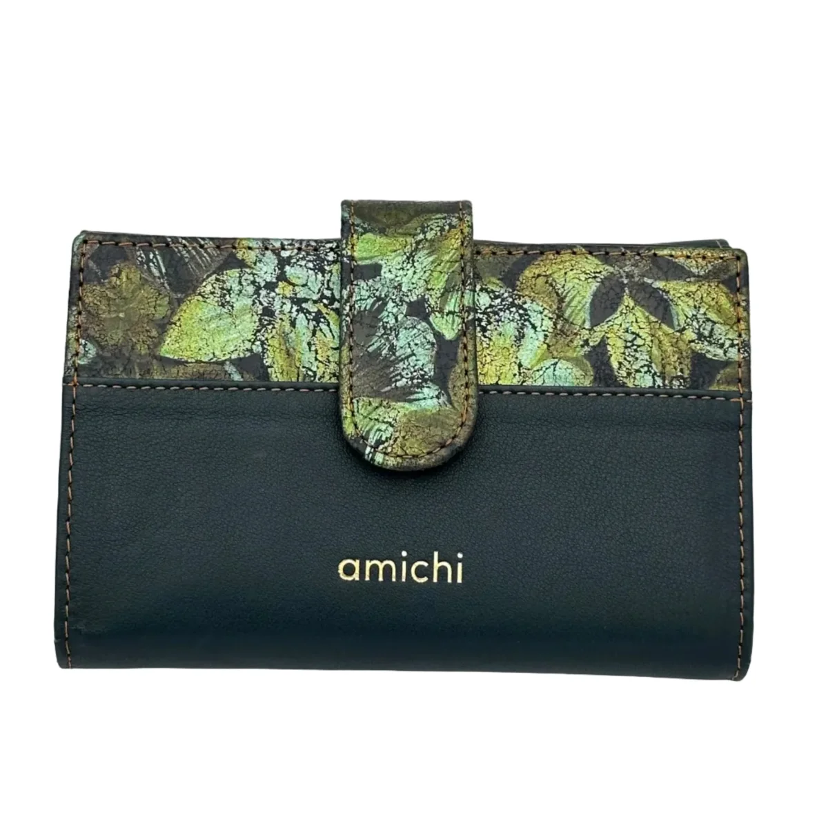 Billetero de Piel Vacuno Monedero Clic Amichi Hojas Verde 14,5x10cm