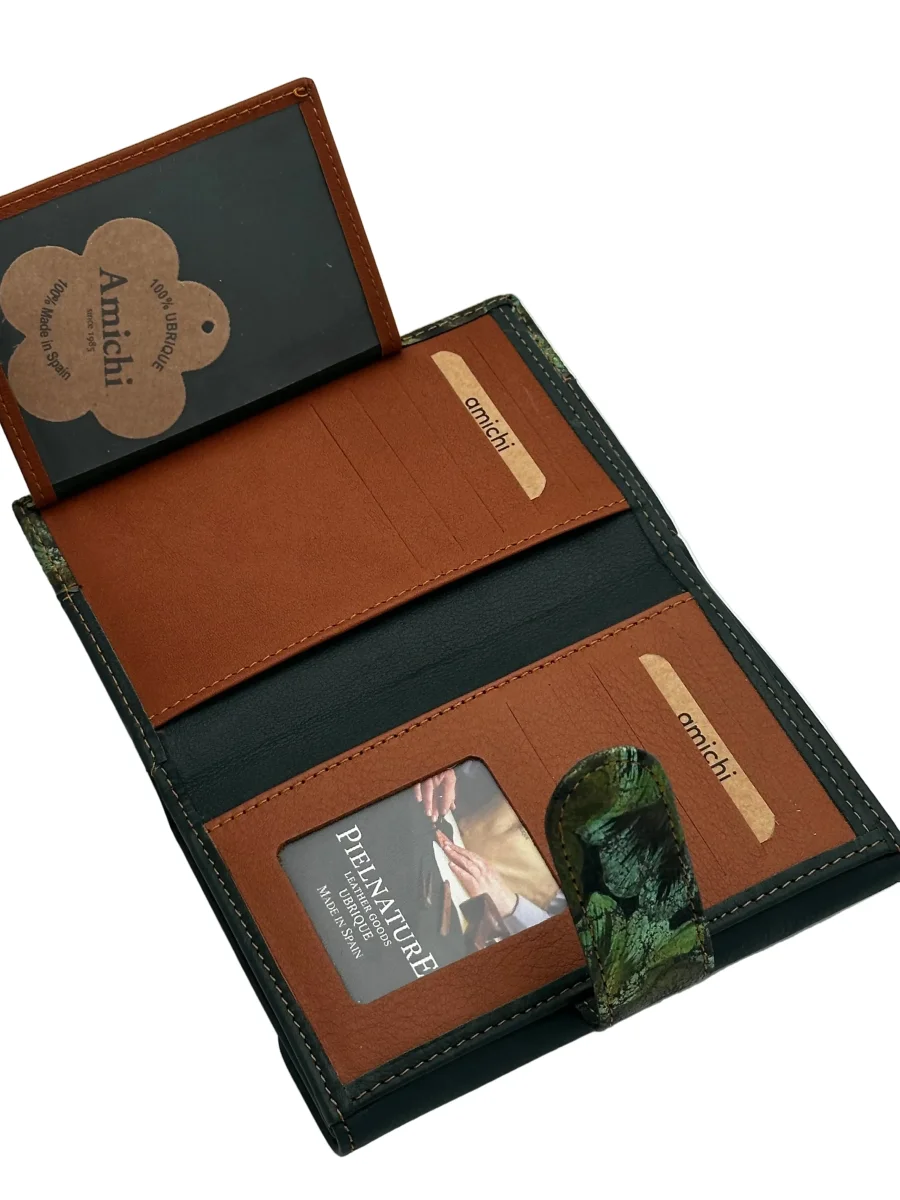 Billetero de Piel Vacuno Monedero Clic Amichi Hojas Verde 14,5x10cm - Imagen 5