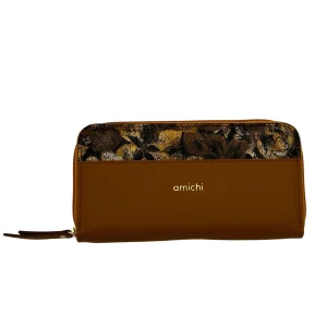 Billetero de Piel Vacuno cremallera Amichi Hojas Mostaza 20x10,5cm
