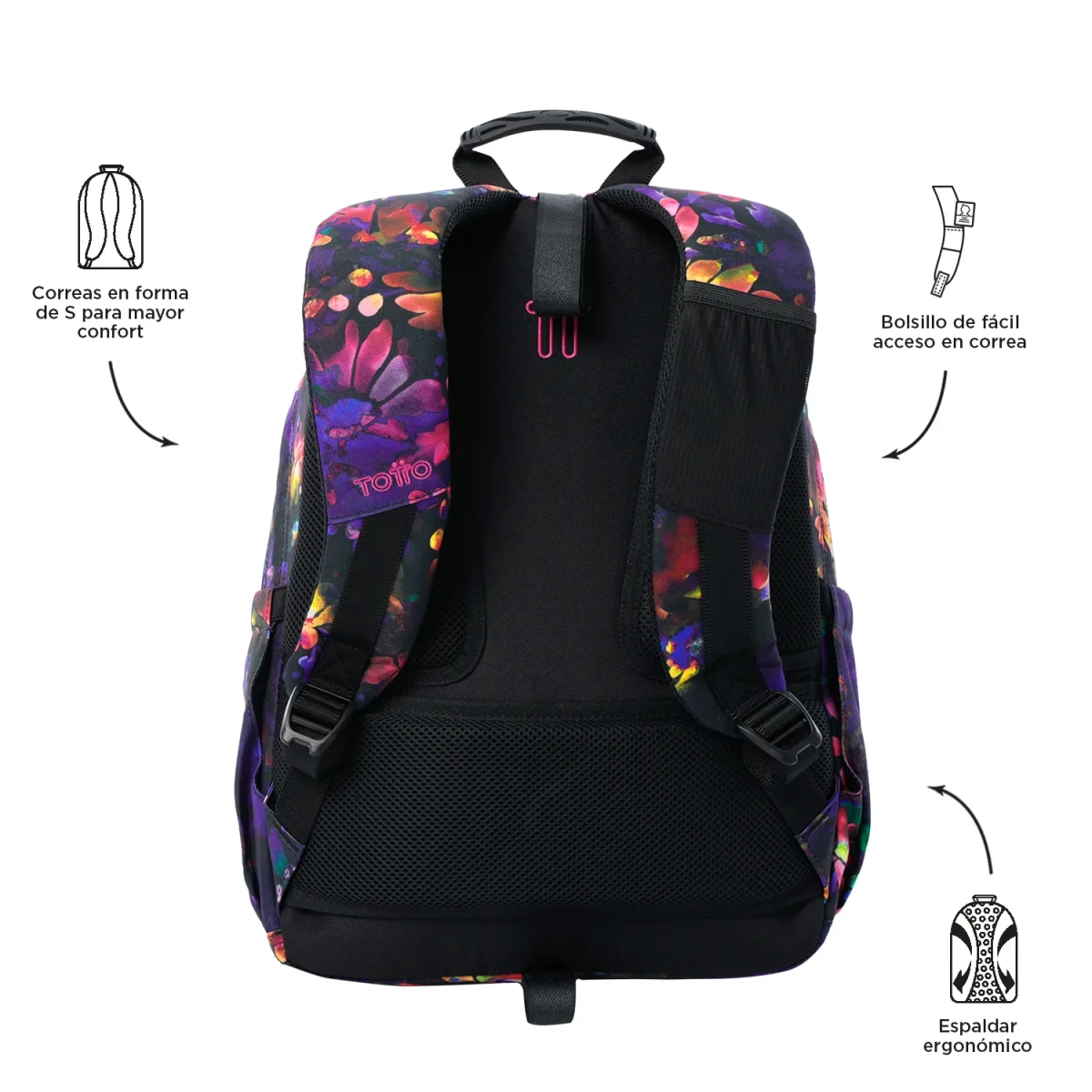 Mochila escolar adaptable a carro Totto Acuareles - Flower Galaxy - Imagen 5