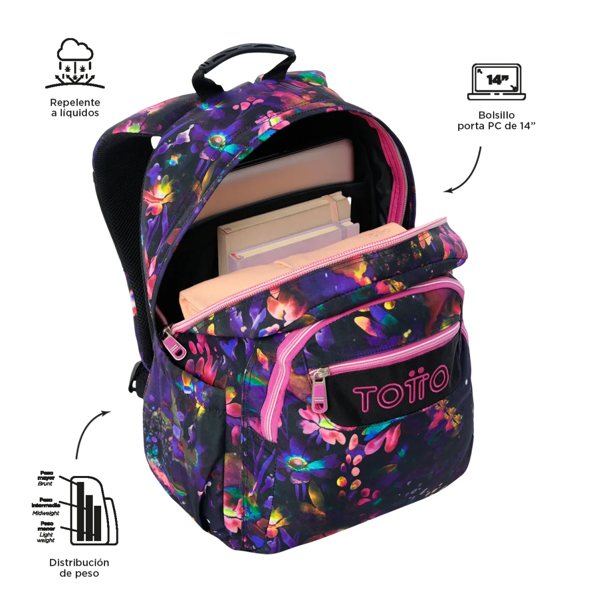 Mochila escolar adaptable a carro Totto Acuareles - Flower Galaxy - Imagen 6