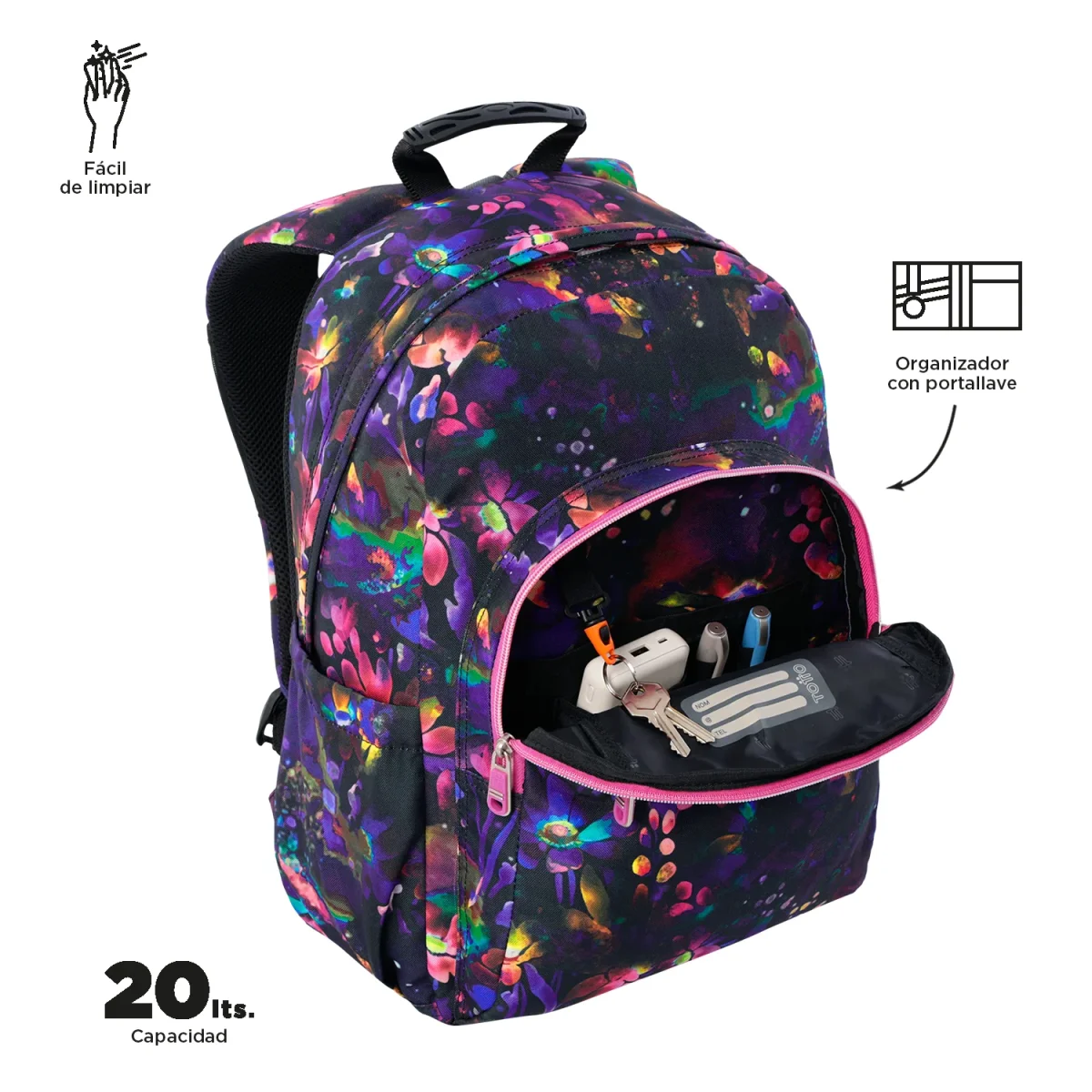 Mochila escolar adaptable a carro Totto Acuareles - Flower Galaxy - Imagen 7