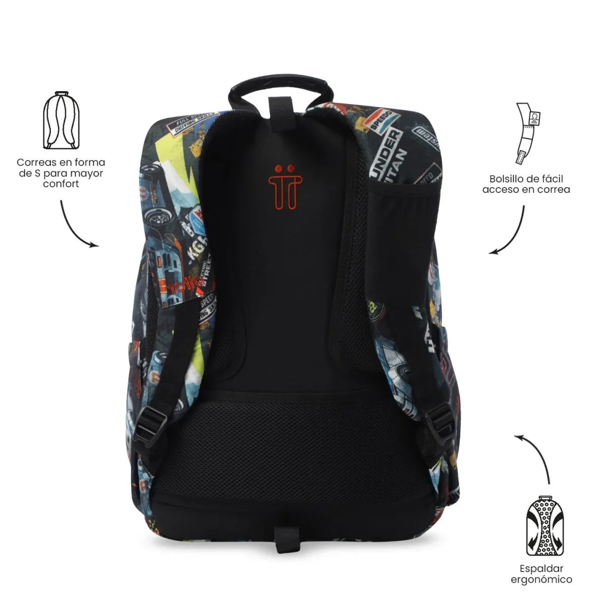 Mochila escolar adaptable a carro Totto Acuareles - Rally Red - Imagen 5