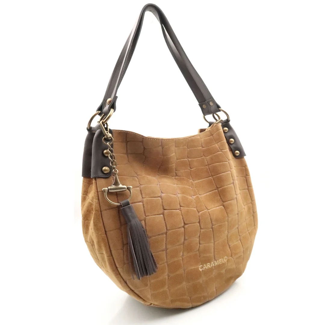 Bolso tipo saco Piel Serraje grabado Coco Caramelo Paola - Imagen 2
