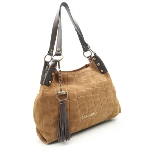 Bolso Dos Asas de Hombro Piel Serraje grabado Coco Caramelo Paola