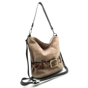 Bolso cuadrado con Bandolera Piel Serraje Caramelo Palmira animal print