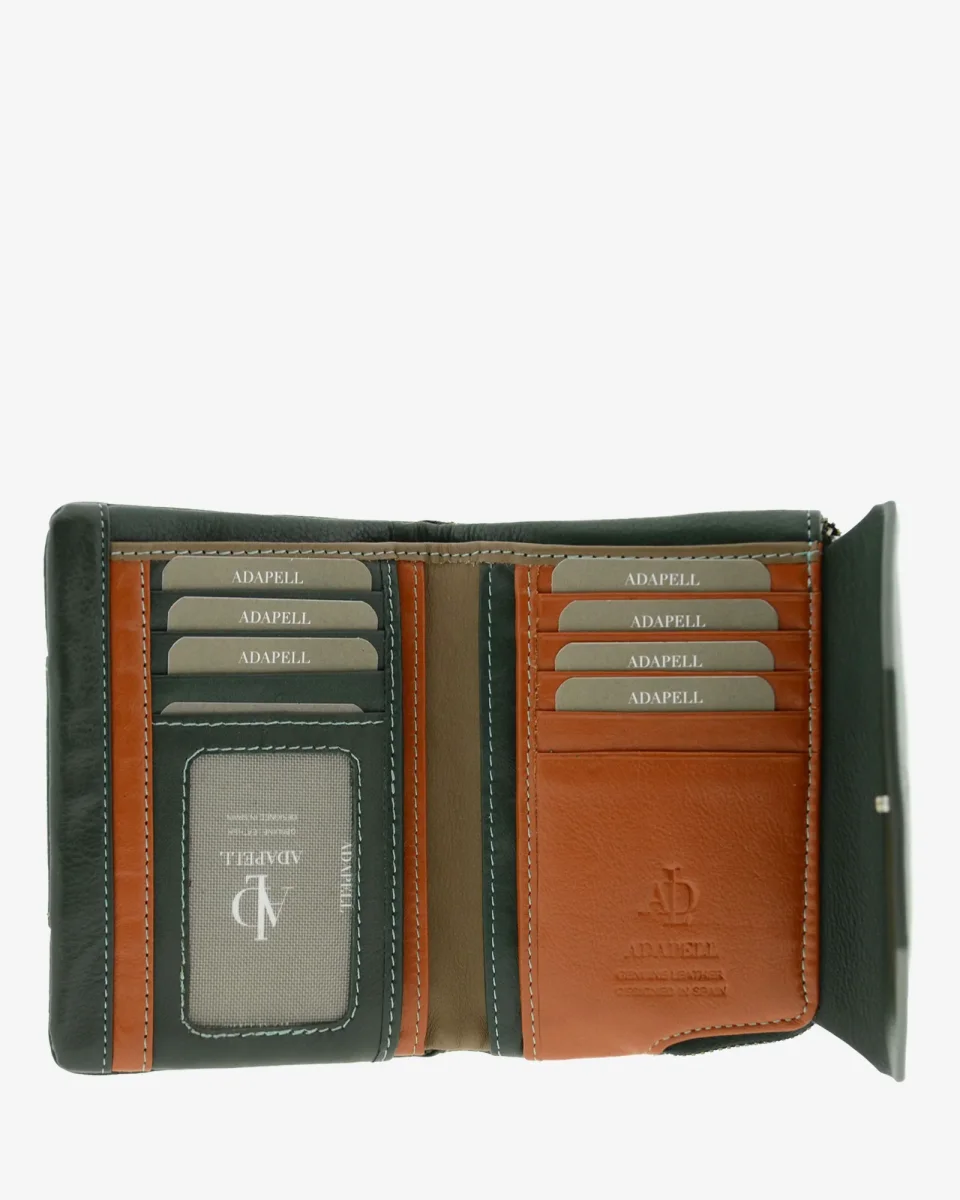 Billetero de Piel solapa (14 X 9cm) monedero de cremallera Adapell Lettera Verde - Imagen 3